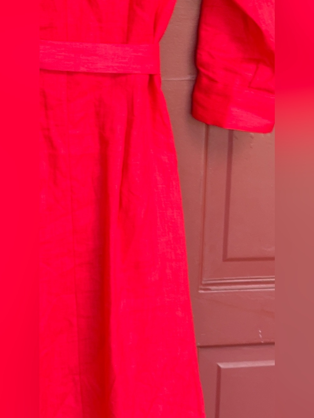 Elegant Red Maxi linen Shirt Dress with Tie Waist - Picture 4 of 8